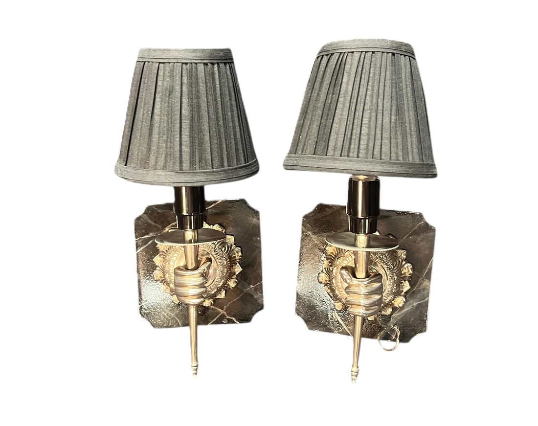 PAIR OF FRENCH BLACK MARBLE AND SILVER SCONCES: PAIR OF FRENCH BLACK MARBLE AND SILVER SCONCES. Height: 11 in. by Width: 6 in. by Depth: 7 in.