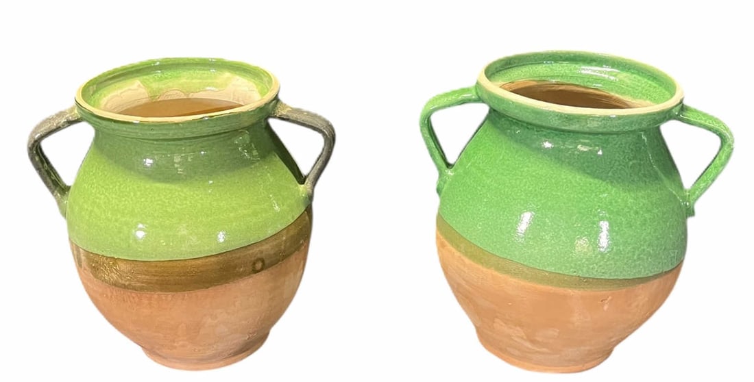 TWO GLAZED GREEN CERAMIC POTS (1 of 4)