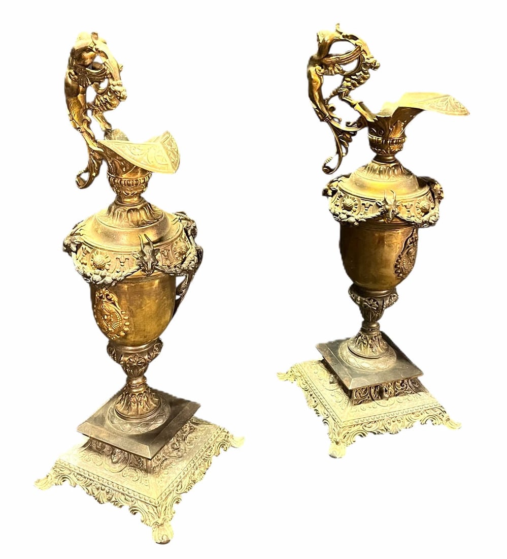 PAIR OF 19th CENTURY FRENCH BRONZE URNS: PAIR OF 19th CENTURY FRENCH BRONZE URNS WITH GILT BRONZE MOUNTS. Height: 21 in. by Width: 8 in. by Depth: 8 in.