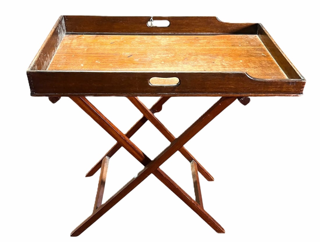 19th CENTURY ENGLISH MAHOGANY BUTLER'S TRAY TABLE: EARLY 19th CENTURY ENGLISH MAHOGANY BUTLER'S TRAY TABLE. PROVENANCE: FROM THE ESTATE OF JACKSON HICKS. Height: 31 in. by Width: 27.5 in. by Depth: 17 in.