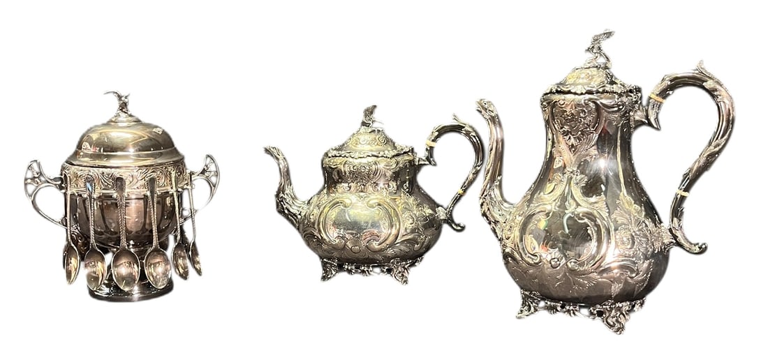 TWO SILVER PLATE TEA POTS AND CONTAINER/SPOONS (1 of 4)