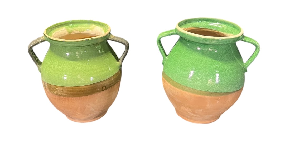 TWO GLAZED GREEN CERAMIC POTS (1 of 4)