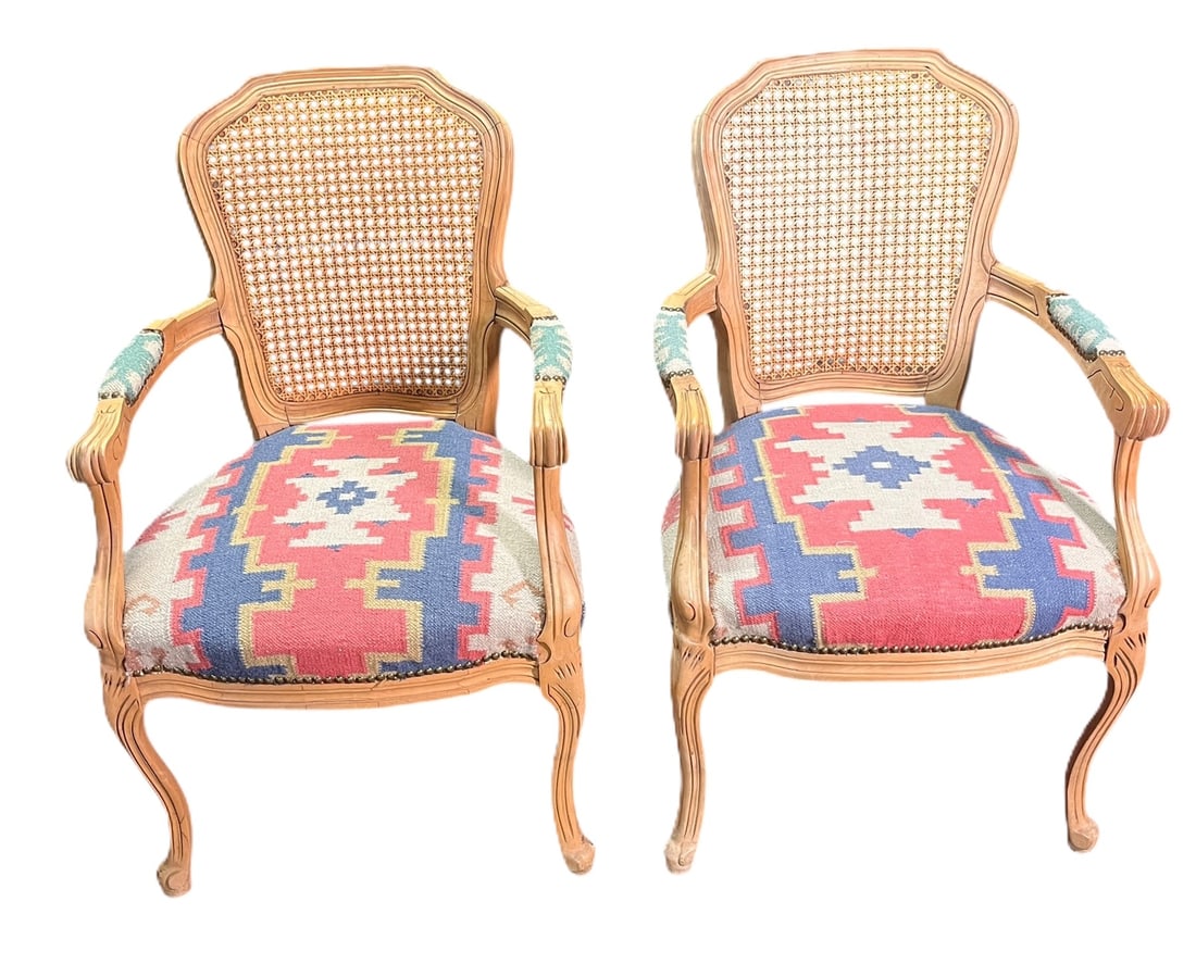 PAIR OF CANE SOUTHWESTERN FABRIC ARM CHAIRS: PAIR OF CANE SOUTHWESTERN FABRIC ARM CHAIRS Height: 37 in. by Width: 23 in. by Depth: 26 in.