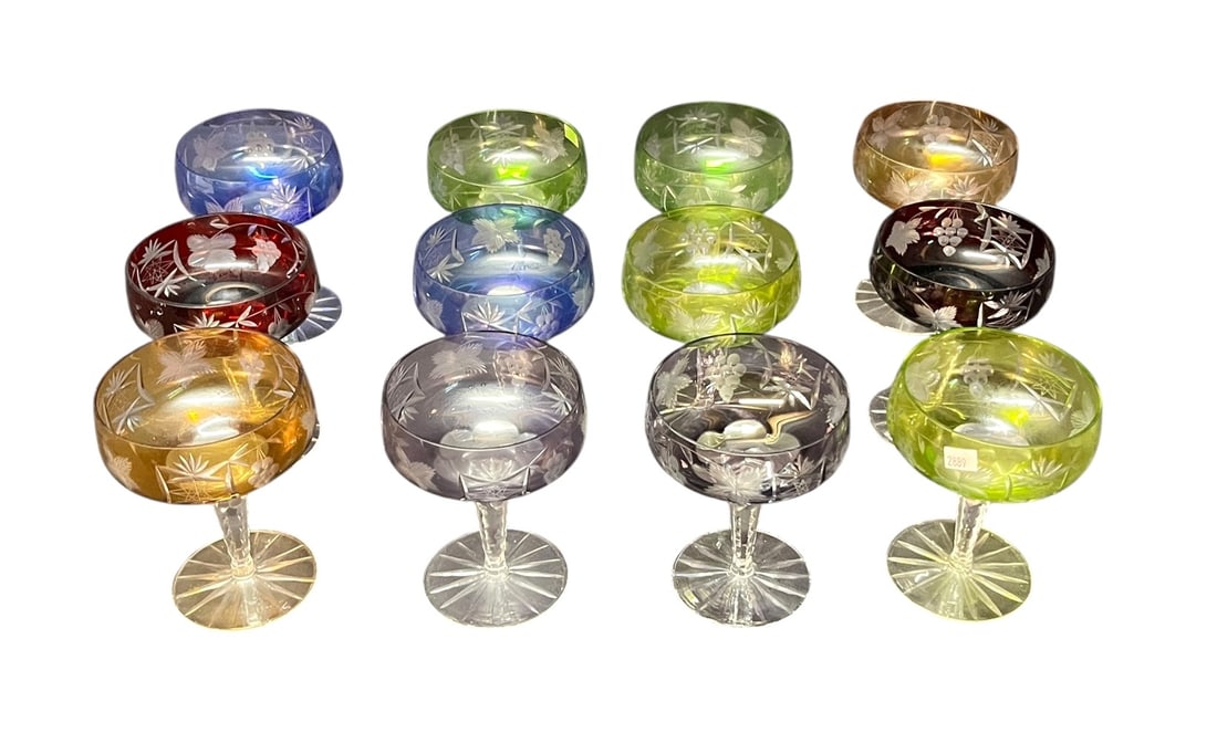 12-VINTAGE COLORED CRYSTAL WINE GOBLETS: 12-VINTAGE COLORED CRYSTAL WINE GOBLETS. Height: 5.5 in. by Width: 4 in. by Depth: 4 in.