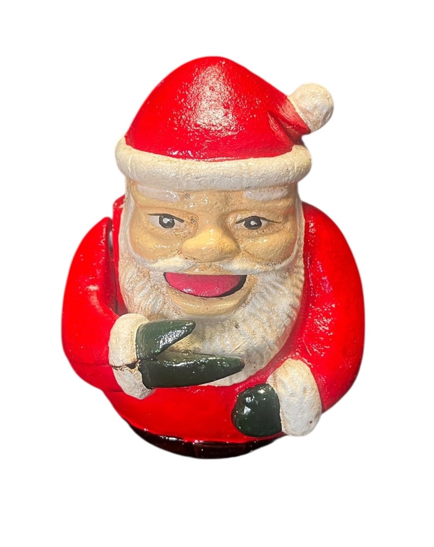 CAST IRON SANTA PIGGY BANK: CAST IRON SANTA PIGGY BANK. Height: 7 in. by Width: 5.5 in. by Depth: 6 in.