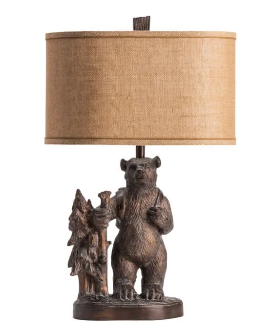 RESIN BEAR READING LAMP WITH SHADE: BEAR READING LAMP WITH SHADE BASE HAS BROWN & BRONZE FINISH