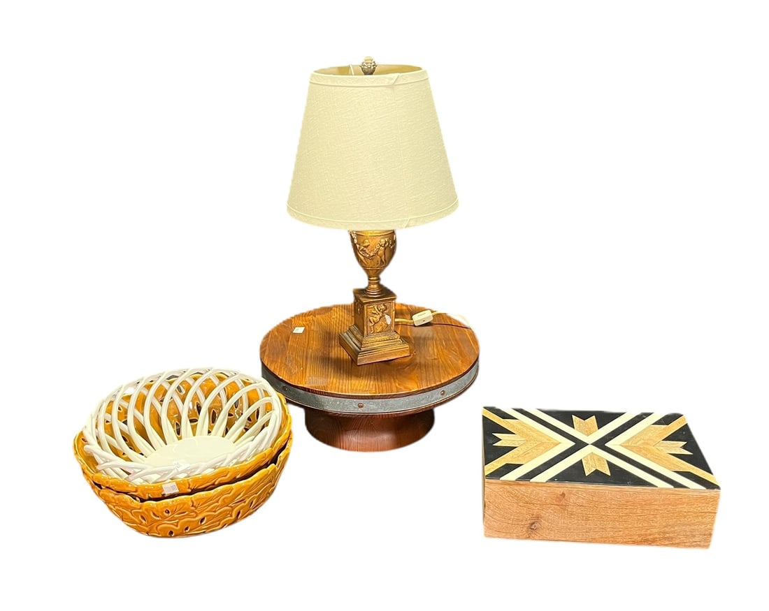 MIXED LOT- LAMP, BOX, 3 CERAMIC BOWLS, CAKESTAND: MIXED LOT- LAMP, BOX, 3 CERAMIC BOWLS, KITCHEN STAND Height: 4 in. by Width: 12 in. by Depth: 8 in.