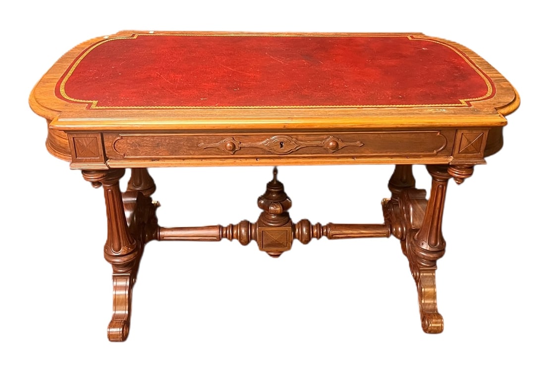 CIRCA 1900's FRENCH BUREAU PLAT DESK: CIRCA 1900's FRENCH BUREAU PLAT DESK WITH TOOLED LEATHER TOP. Kneehole: 22.5"h x 31"w. Height: 28 in. by Width: 49 in. by Depth: 28.5 in.