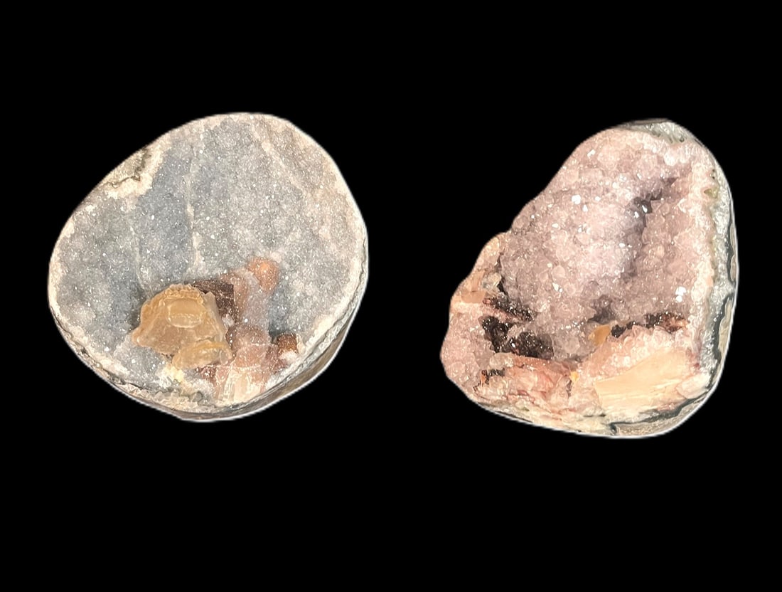 TWO SMALL AMETHYST CRYSTAL GEODES: TWO SMALL AMETHYST CRYSTAL GEODES Height: 6.5 in. by Width: 6 in. by Depth: 5 IN.