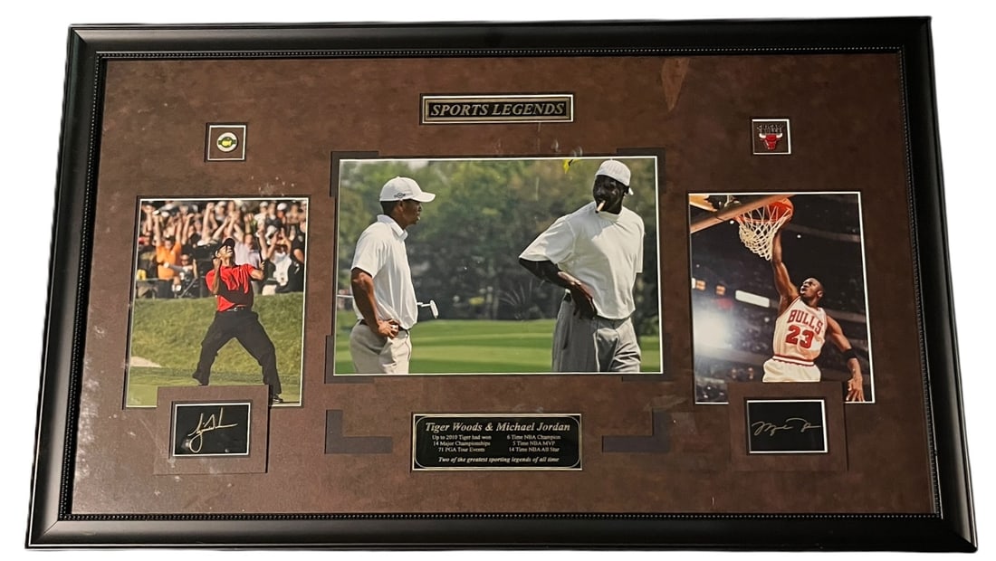 FRAMED MICHAEL JORDAN AND TIGER WOODS: FRAMED MICHAEL JORDAN AND TIGER WOODS W/ LASER SIGNATURES SPORTS LEGENDS WS315 Height: 25 in. by Width: 41 in.