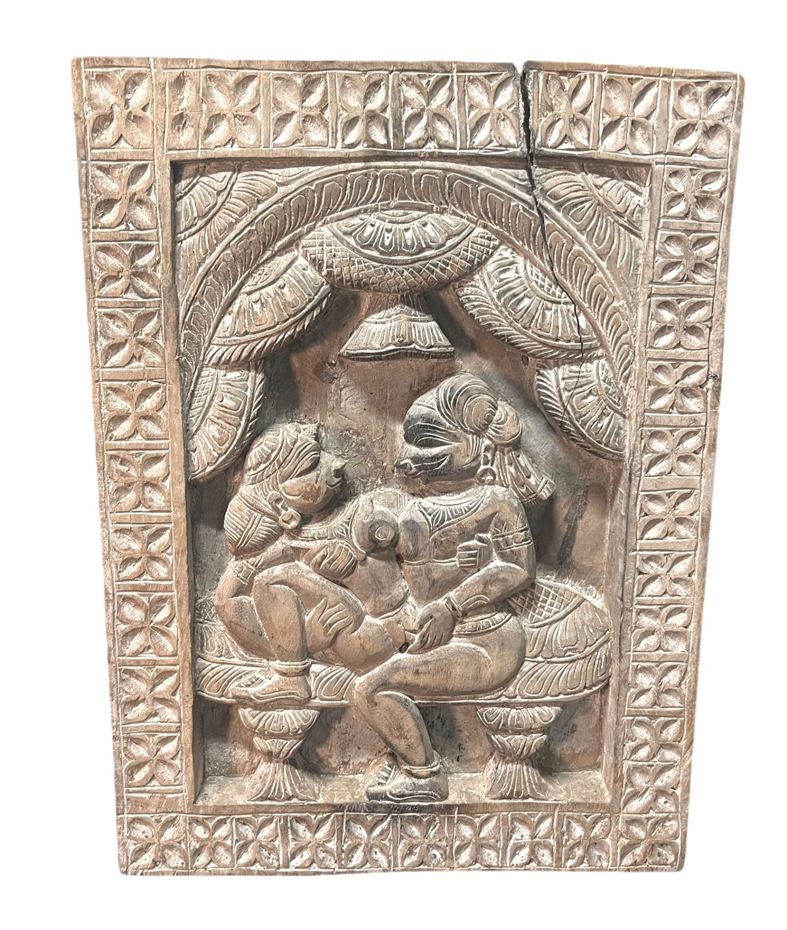 KAMASUTRA WOODEN HAND CARVED PANEL: KAMASUTRA WOODEN HAND CARVED PANEL. Height: 24 in. by Width: 17.8 in.
