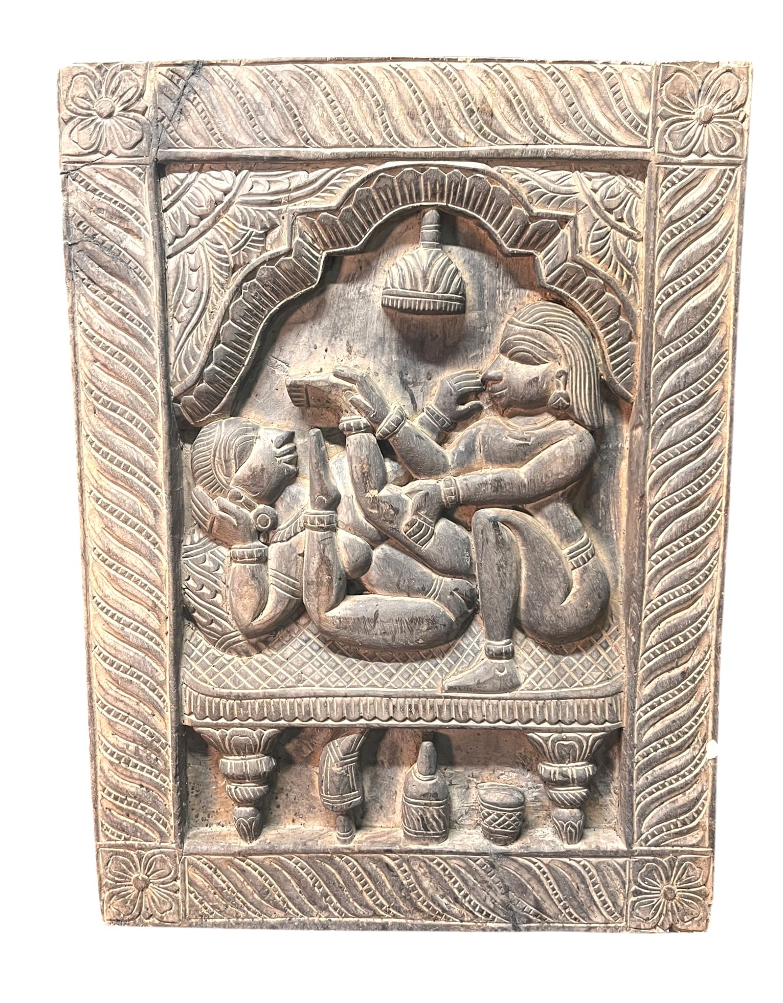KAMASUTRA WOODEN HAND CARVED PANEL: KAMASUTRA WOODEN HAND CARVED PANEL. Height: 24 in. by Width: 17 in.