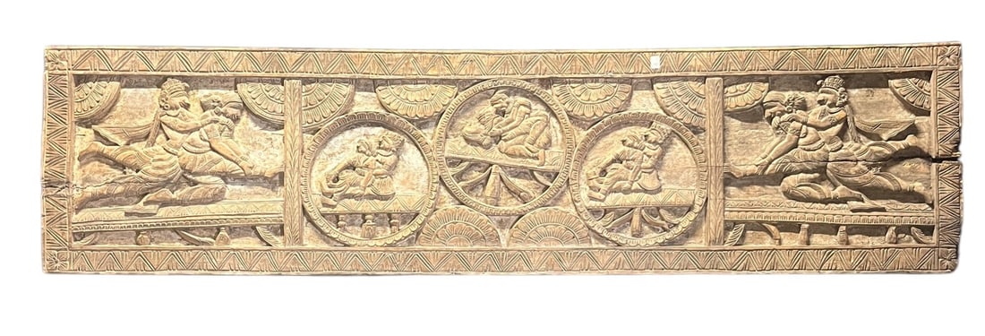 ANTIQUE INDIAN HAND CARVED WOODEN PANEL: ANTIQUE INDIAN HAND CARVED WOODEN PANEL. Height: 18 in. by Width: 71 in.