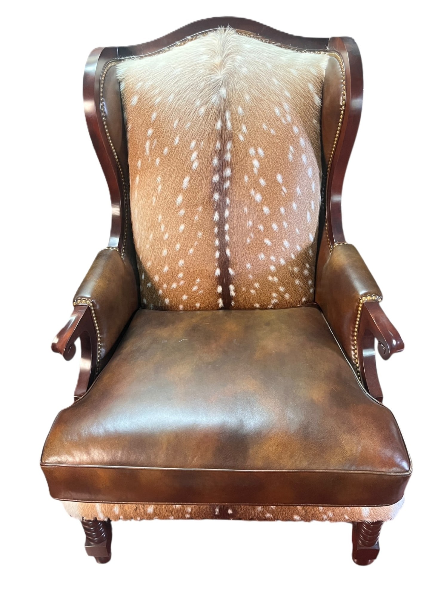 BROWN LEATHER AND DEER SKIN WINGBACK CHAIR: BROWN LEATHER AND DEER SKIN WINGBACK CHAIR Height: 47 in. by Width: 32 in. by Depth: 40 in.