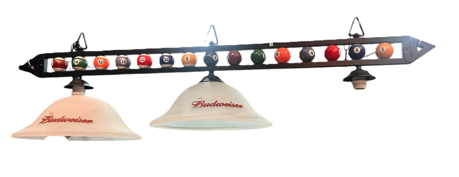 POOL TABLE THREE LIGHT FIXTURE/CHANDELIER: POOL TABLE THREE LIGHT FIXTURE/CHANDELIER . THREE BUDWESIER LIGHT CAPS INCLUDED IN PERFECT CONDITION. Height: 15 in. in. by Width: 57 1/2