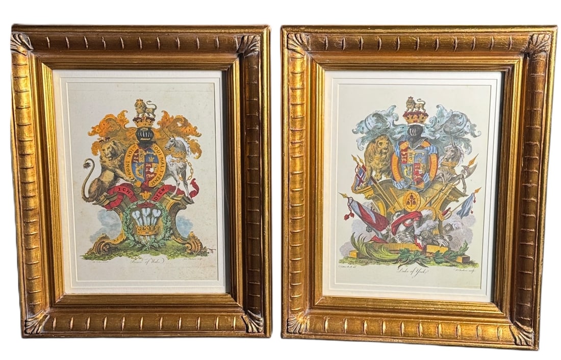 PAIR OF ANTIQUE COAT OF ARMS CRESTS PRINTS: PAIR OF ANTIQUE COAT OF ARMS CRESTS PRINTS Height: 21.5 in. by Width: 17.5 in.