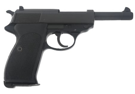1977 WALTHER MODEL P1 9X19mm CALIBER PISTOL: 1977 WALTHER MODEL P1 9X19mm CALIBER PISTOL 1977 Walther Model P1 9x19mm caliber semi automatic pistol. Import stamped "I.O. Inc." Parkerized finish. Checkered composite grips. Lanyard loop. Four maga
