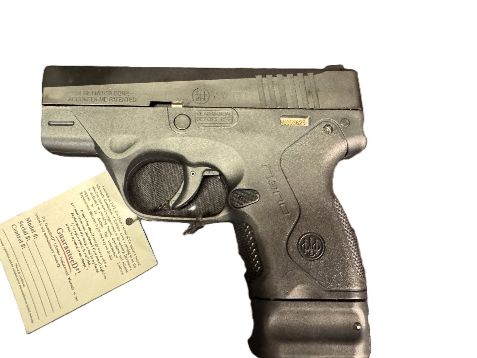 BERETTA BU9 NANO 9MM: BERETTA BU9 NANO 9MM NEW IN CASE (10) SERIAL NUMBER NU093625 (L612)
