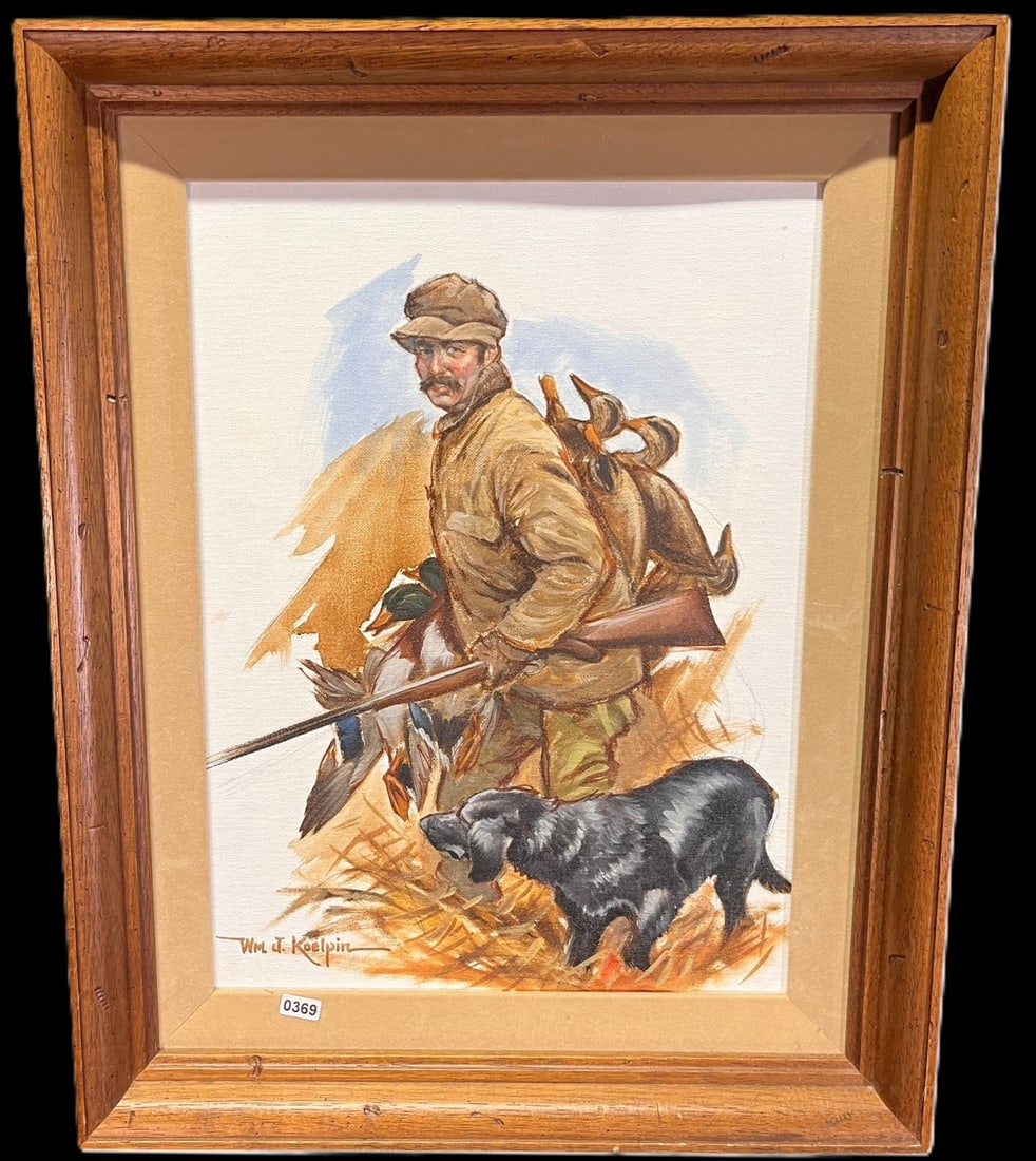 HUNTER WITH BIRDS/DOG PAINTING SIGNED BY KOELPIN: HUNTER WITH BIRDS/DOG PAINTING SIGNED BY WM. J. KOELPIN Height: 20 in. by Width: 16 in. by Depth: 2 in.