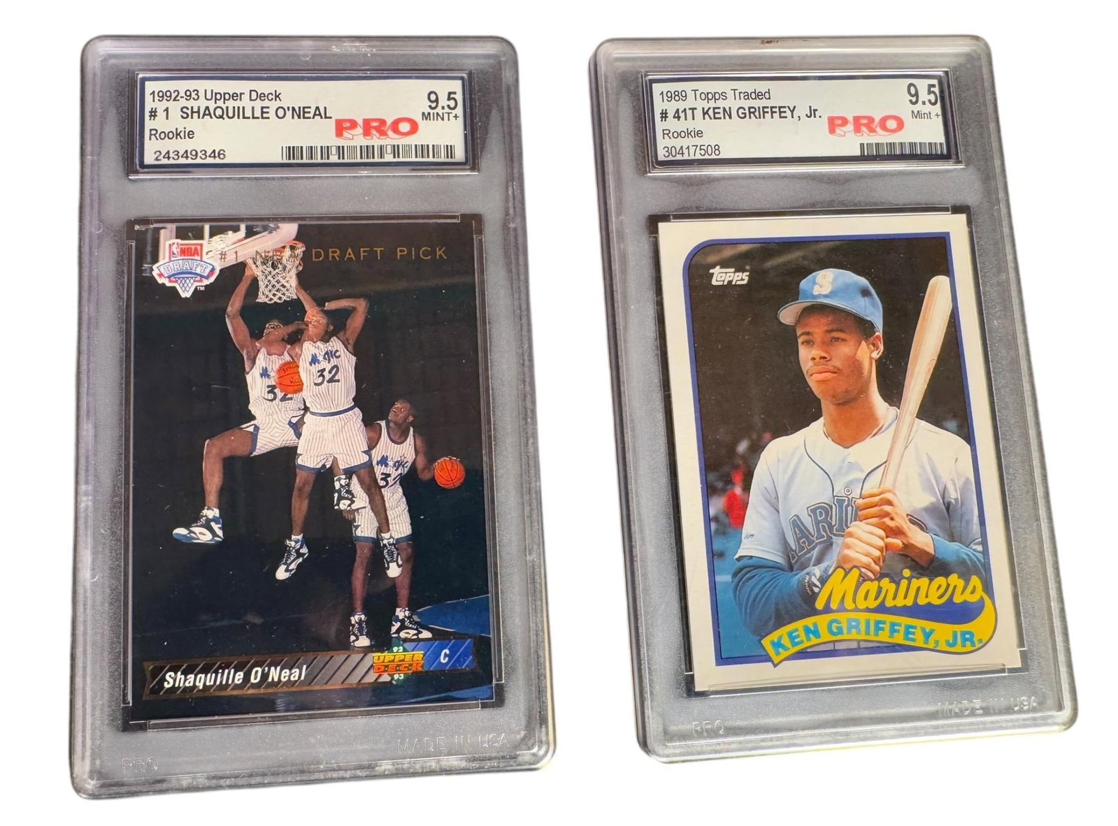 SHAQUILLE O'NEAL AND KEN GRIFFEY JR TRADING CARDS: SHAQUILLE O'NEAL AND KEN GRIFFEY JR TRADING CARDS IN PRESENTATION BOXES. Height: 3.5 in. by Width: 2.5 in.