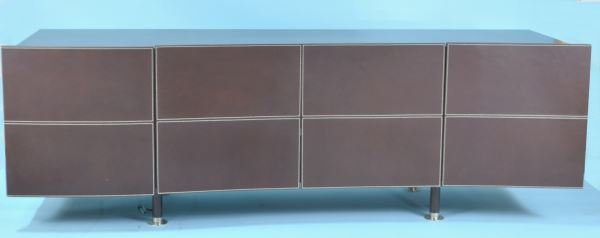 ROCHE-BOBOIS CONTEMPORARY CONSOLE CABINET: ROCHE-BOBOIS CONTEMPORARY CONSOLE CABINET WITH LEATHER DOORS. RETAIL PRICE $7000.00. Height: 28 in. by Width: 82.5 in. by Depth: 23.5 in