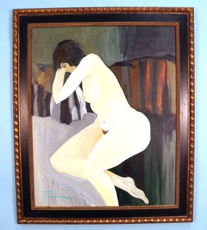 ISAAC TARKAY "SEDAN NUDE" OIL ON LINEN CANVAS: ISAAC TARKAY "SEDAN NUDE" OIL ON LINEN CANVAS, SIGNED IN GREEN PAINT LOWER RIGHT. Height: 47 and 40 in. by Width: 38 1/2 and 30 in.