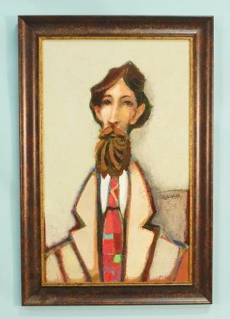 DAVID ADICKES "BEARDED MAN IN RED TIE" MIXED MEDIA: DAVID ADICKES "BEARDED MAN IN RED TIE" MIXED MEDIA ON PANEL. Height: 33 in. by Width: 22 in.