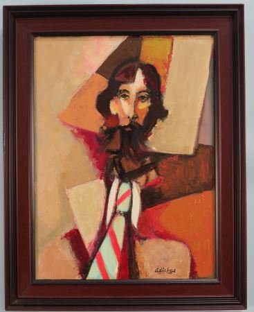 DAVID ADICKES "MAN WITH TIE" ACRYLIC ON BOARD: DAVID ADICKES "MAN WITH TIE WITH A BEARD" ACRYLIC ON BOARD. Height: 29 in. by Width: 23 in. by Depth: 1 in.