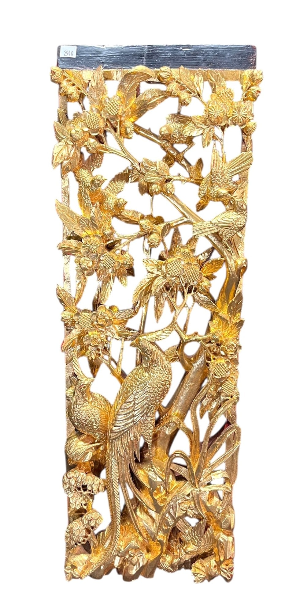 ANTIQUE CHINESE CARVED & GILDED PANEL: ANTIQUE CHINESE CARVED & GILDED PANEL. Height: 24 in. by Width: 8 in. by Depth: 2 in.