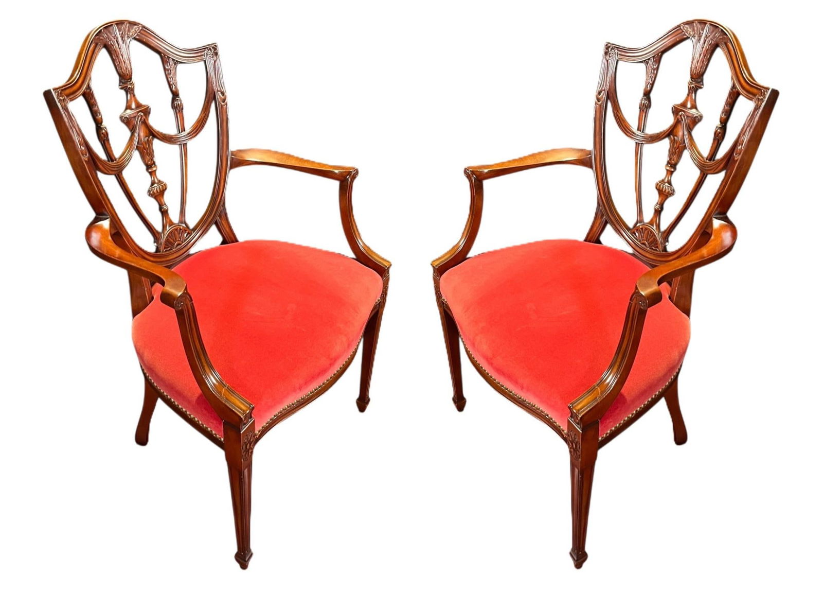 PAIR OF FEDERAL REVIVAL MAHOGANY SHIELD CHAIRS: PAIR OF FEDERAL REVIVAL MAHOGANY SHIELD ARMCHAIRS. Height: 39 in. by Width: 23 in. by Depth: 23 in.