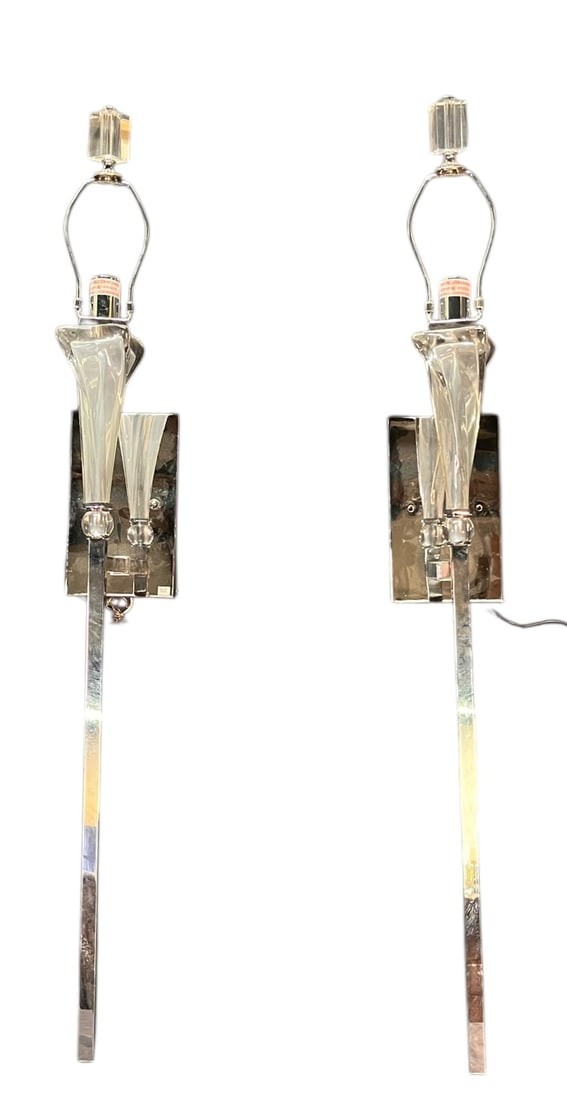 PAIR OF CONTEMPORARY CHROME AND GLASS SCONCES: PAIR OF CONTEMPORARY CHROME AND GLASS SCONCES. Height: 45 in. by Width: 6 in. by Depth: 8 in.
