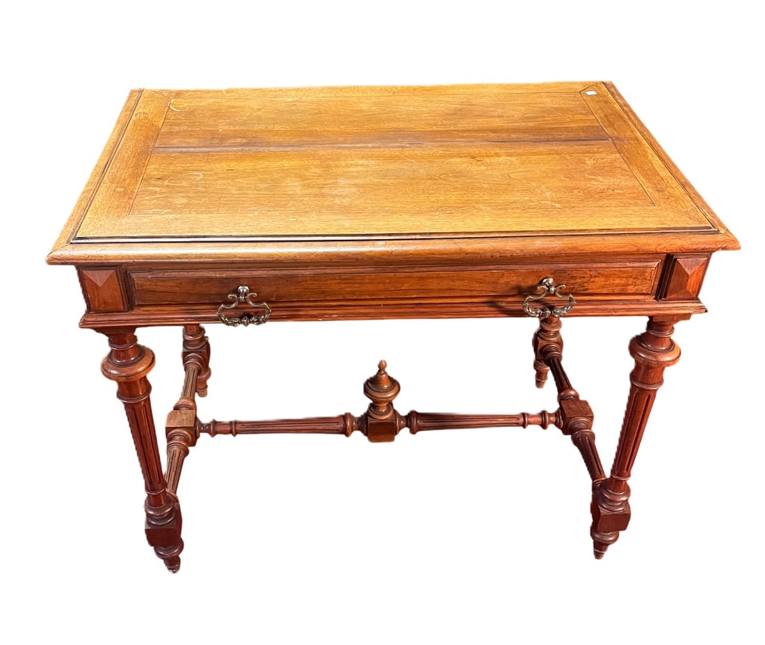 ANTIQUE FRENCH WALNUT WRITING DESK: ANTIQUE FRENCH WALNUT WRITING DESK. Height: 28 in. by Width: 35.5 in. by Depth: 23.5 in.