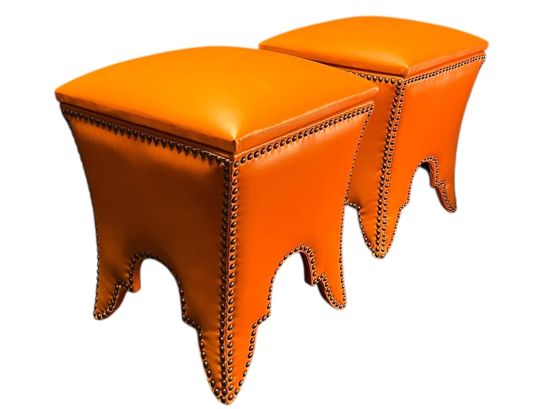 PAIR OR ORANGE LEATHER STOOLS (1 of 5)