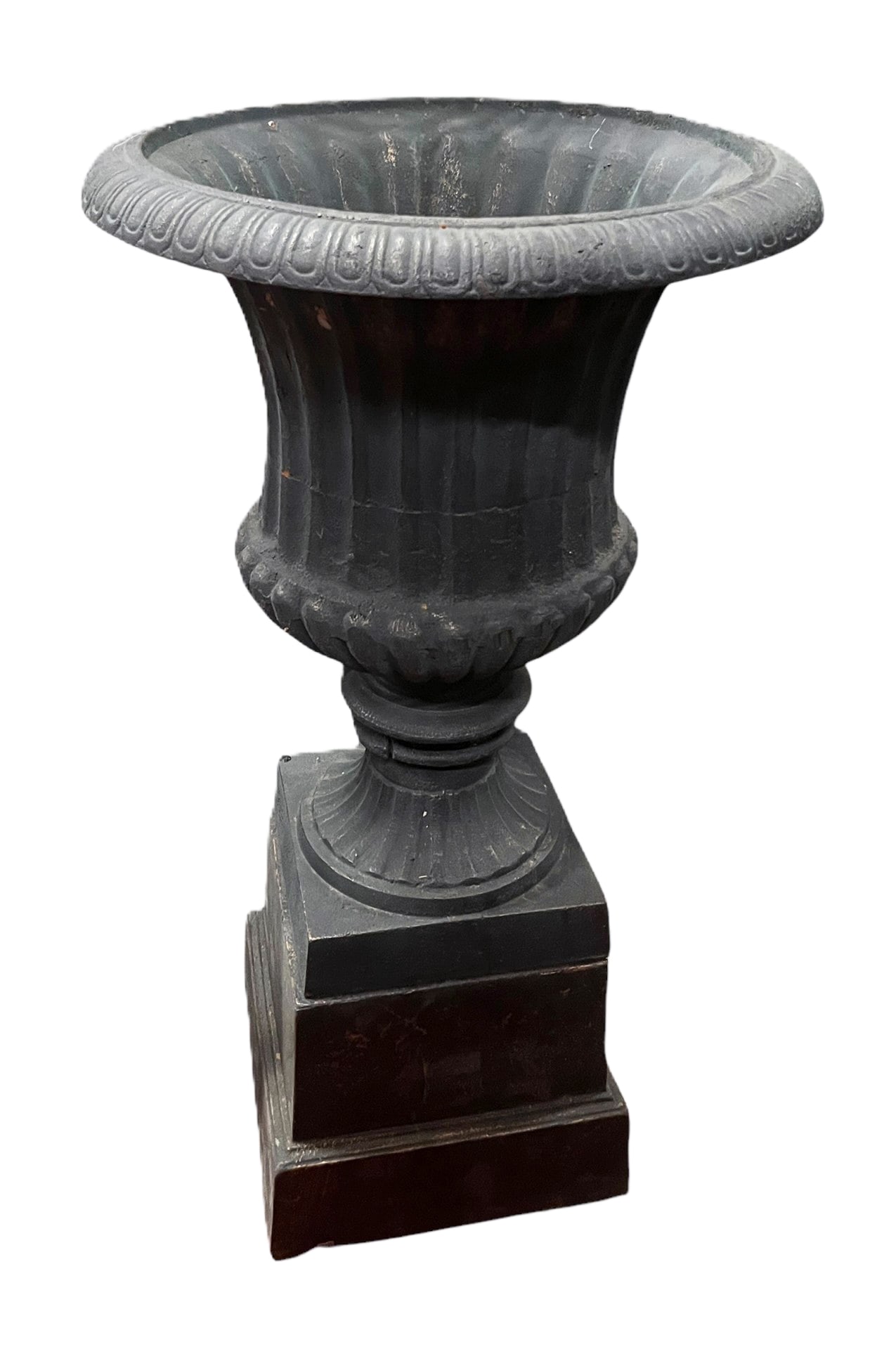 CAST IRON GARDEN URN ON PEDESTAL: CAST IRON GARDEN URN ON PEDESTAL. Height: 40 in. by Width: 22 in. by Depth: 22
