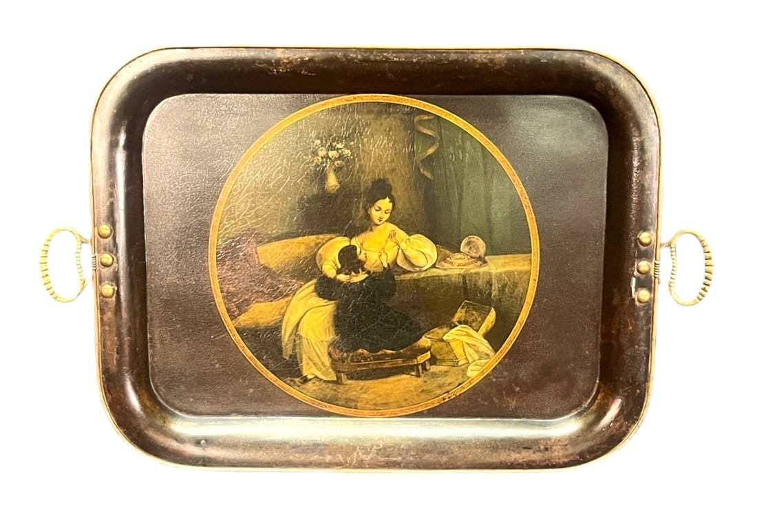 19th C. ENGLISH HAND PAINTED PAPIER MACHE TRAY: 19th CENTURY ENGLISH HAND PAINTED PAPIER MACHE TRAY. Height: 1.5 in. by Width: 26 in. by Depth: 17 in.