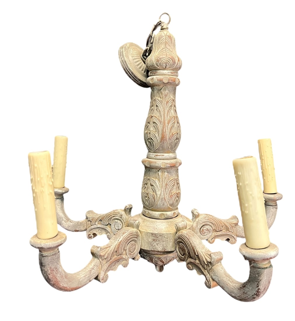ANTIQUE FRENCH CARVED FOUR-LIGHT CHANDELIER: ANTIQUE FRENCH CARVED FOUR-LIGHT CHANDELIER. Height: 31 in. by Width: 69 in. by Depth: 33 in.