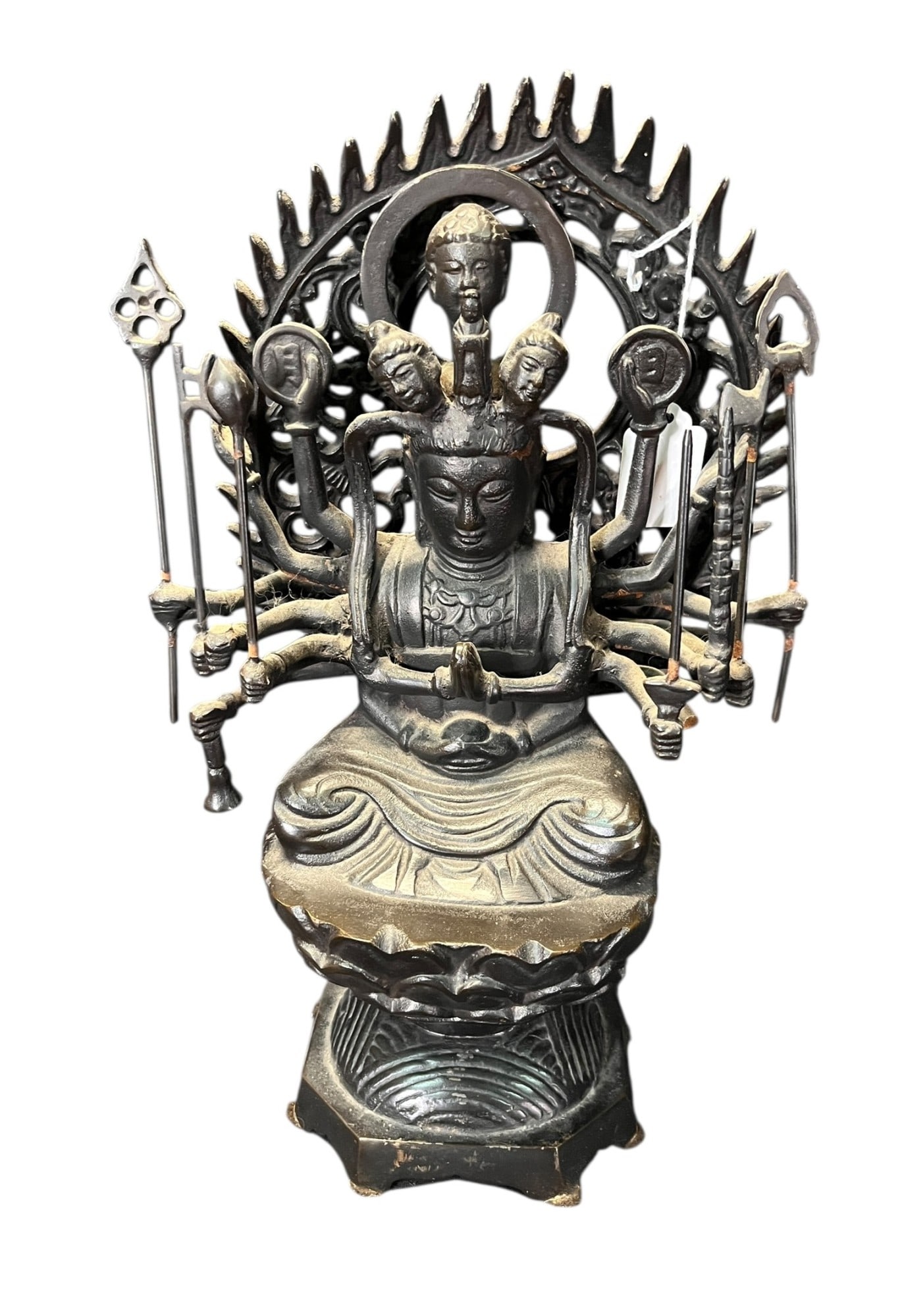 ANTIQUE BRONZE BUDDHA: ANTIQUE BRONZE BUDDHA. Height: 15 in. by Width: 9 in. by Depth: 6 in.