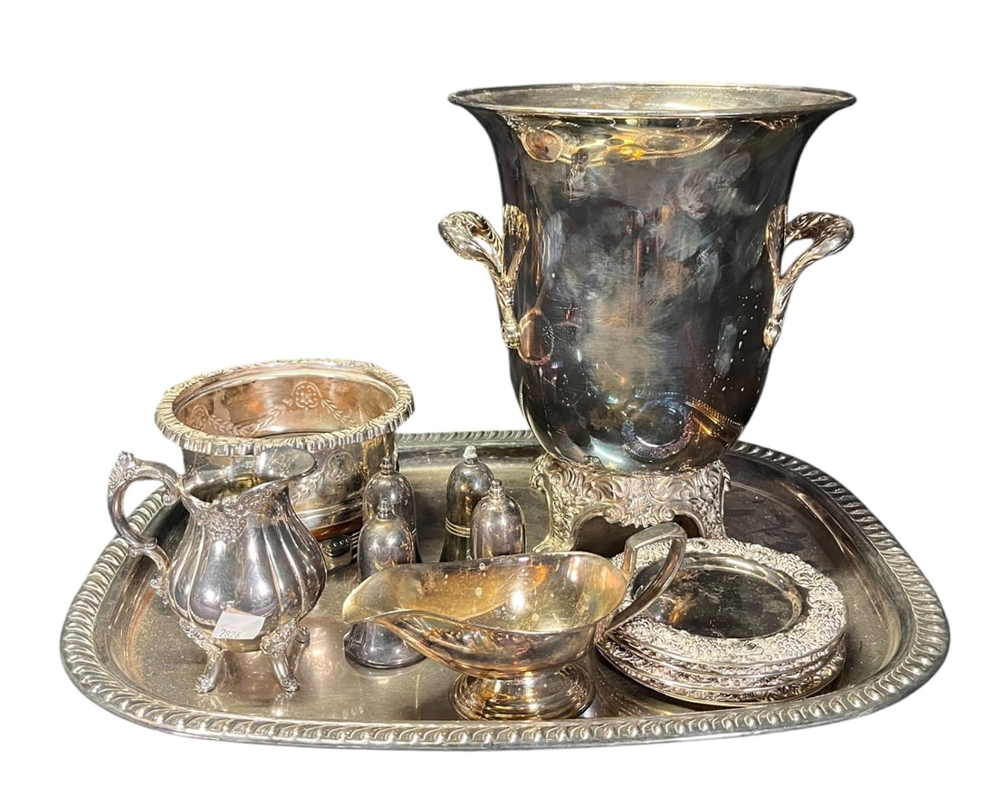 SILVER PLATE TRAY, BUCKET, COASTERS, SHAKERS, (1 of 10)