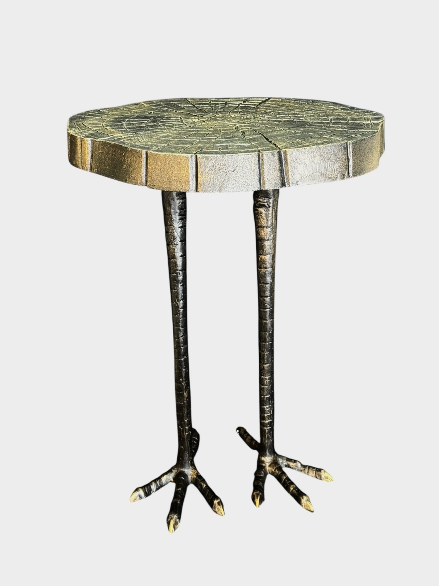 BRONZE PATINA METAL TABLE WITH "BIRD LEGS": BRONZE PATINA METAL TABLE WITH "BIRD LEGS" Height: 23 in. by Width: 16