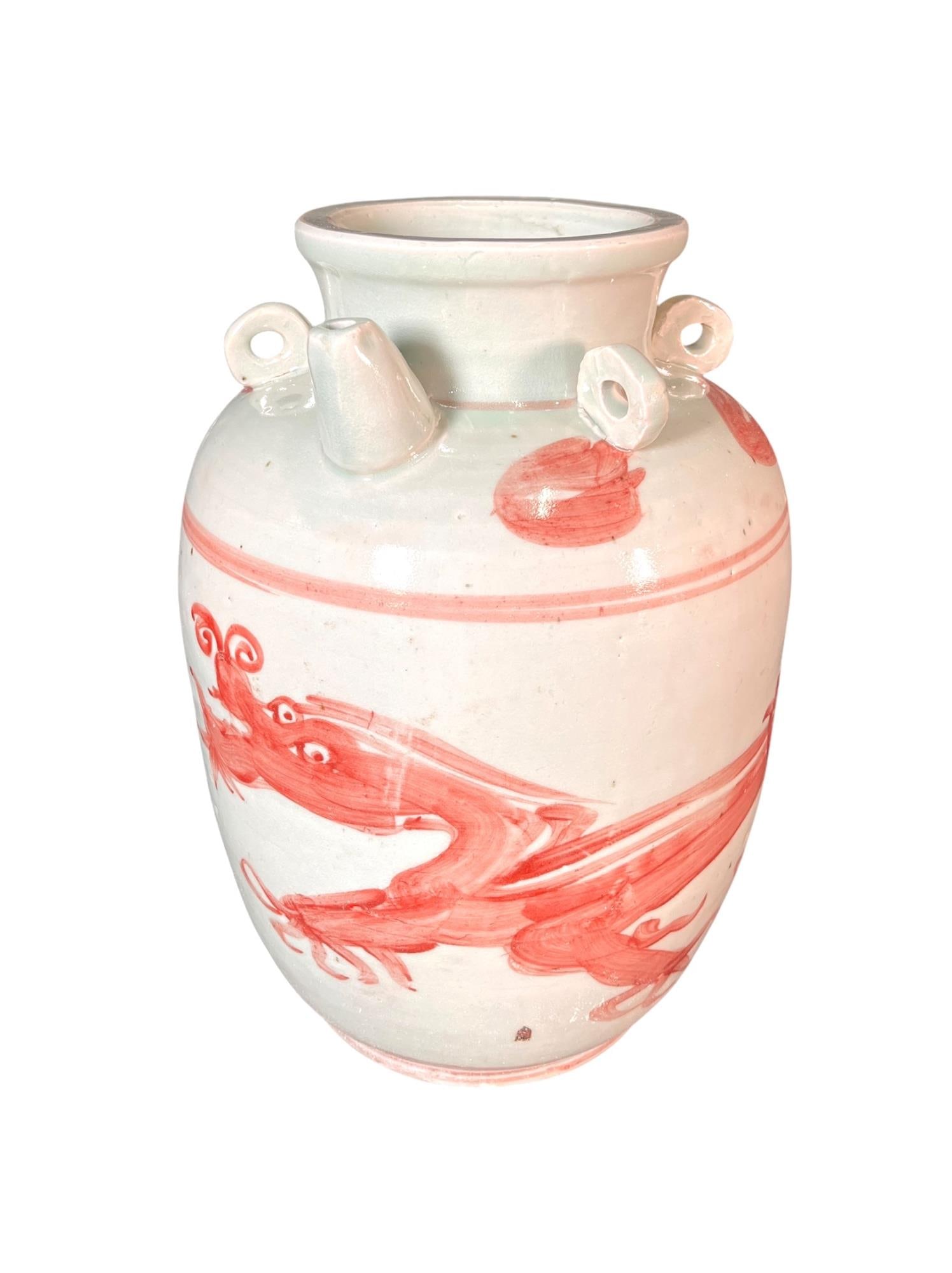 CORAL RED DRAGON FOUR EAR PORCELAIN POT (1 of 3)