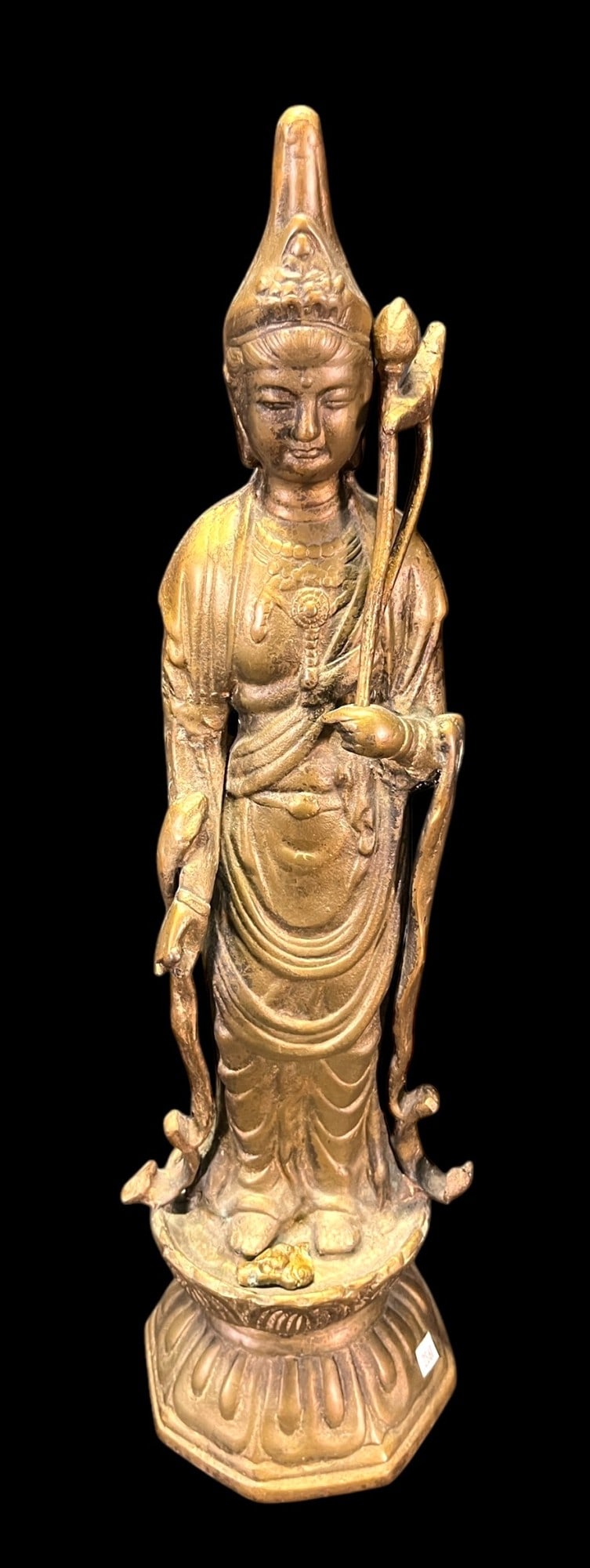 19TH C, BRONZE GILT CAST IRON THAI GODDESS: 19TH C. BRONZE GILT CAST IRON THAI GODDESS. Height: 20 in. by Width: 6 in. by Depth: 6 in.