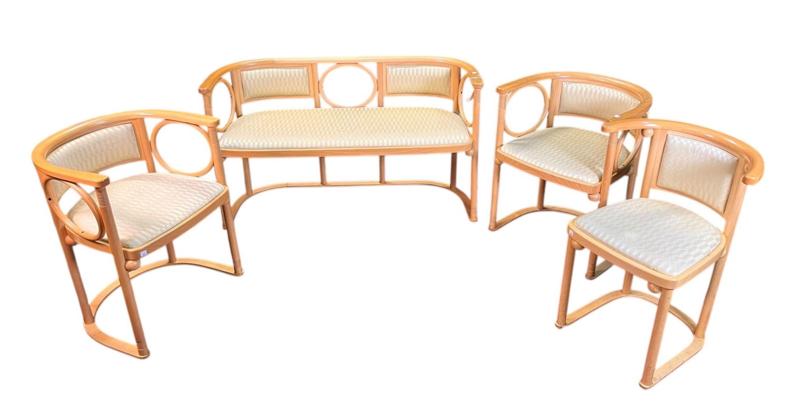 JOSEF HOFFMAN 1920's STYLE BENTWOOD FOUR-PIECE SUITE. 3 CHAIRS, 1 SETTEE.: JOSEF HOFFMAN 1920's STYLE BENTWOOD FOUR-PIECE SUITE. 3 CHAIRS, 1 SETTEE. 28"h x 21.6"w x 20"d.