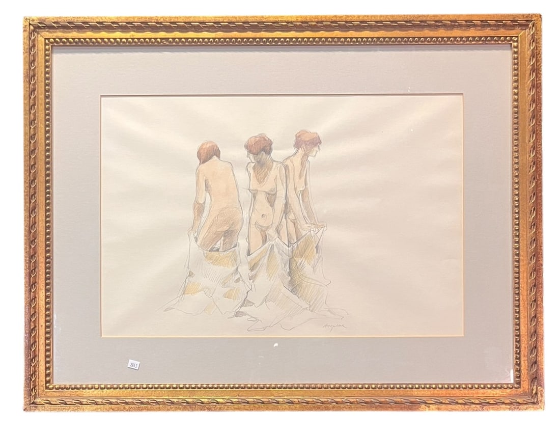 WILLIAM ANZALONE "NUDE FEMALES" DRAWING: WILLIAM ANZALONE "NUDE FEMALES" DRAWING. FRAMED & MATTED SIGNED LOWER, MIDDLE RIGHT. PROVENANCE: MEREDITH LONG & COMPANY GALLERY. Height: 23 & 14 in. by Width: 30 & 21 in. by Depth: 1.4 in.