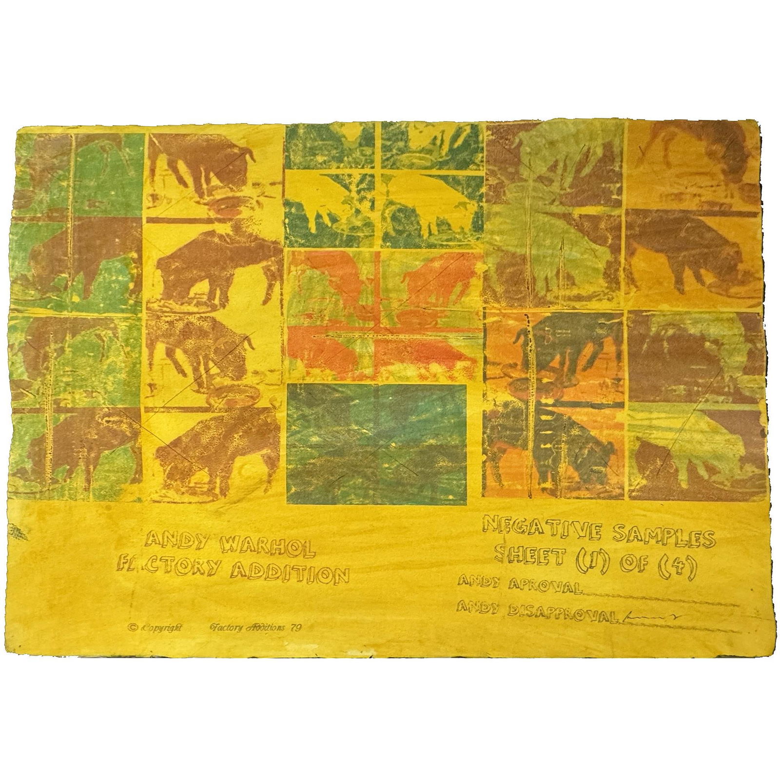 ANDY WARHOL "NEGATIVE SAMPLE SHEET": ANDY WARHOL, "NEGATIVE SAMPLE SHEET" SIGNED ON THE RJECTION LINE. SIGNED CAMBELL SOUP CAN ON VERSO. Height: 25 in. by Width: 37