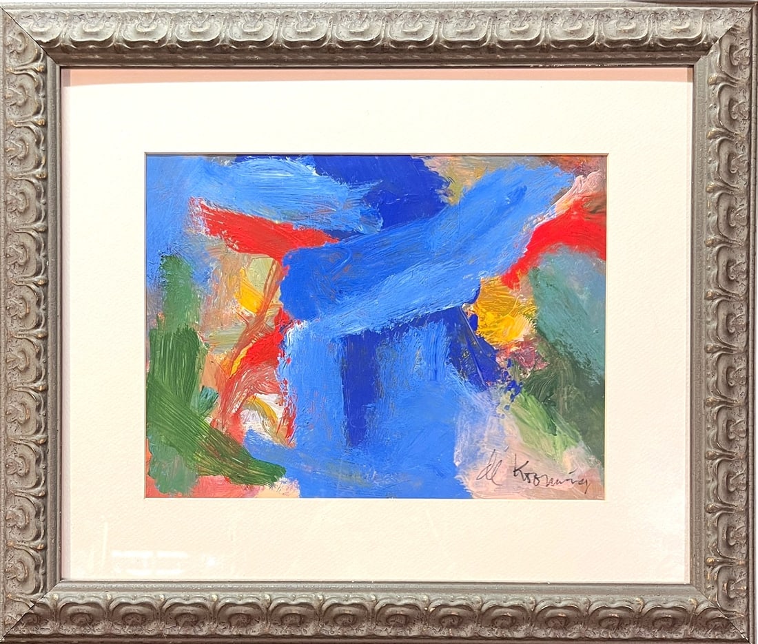 WILLEM DE KOONING ABSTRACT OIL ON CANVAS PAINTING: WILLEM DE KOONING (DUTCH/AMERICAN 1904-1997) ABSTRACT OIL ON CANVAS PAINTING THAT IS FRAMED & MATTED. ALSO SIGNED EN VERSO. Height: 18 & 9.5 in. by Width: 21 & 13 in. by Depth: 3/4 in.