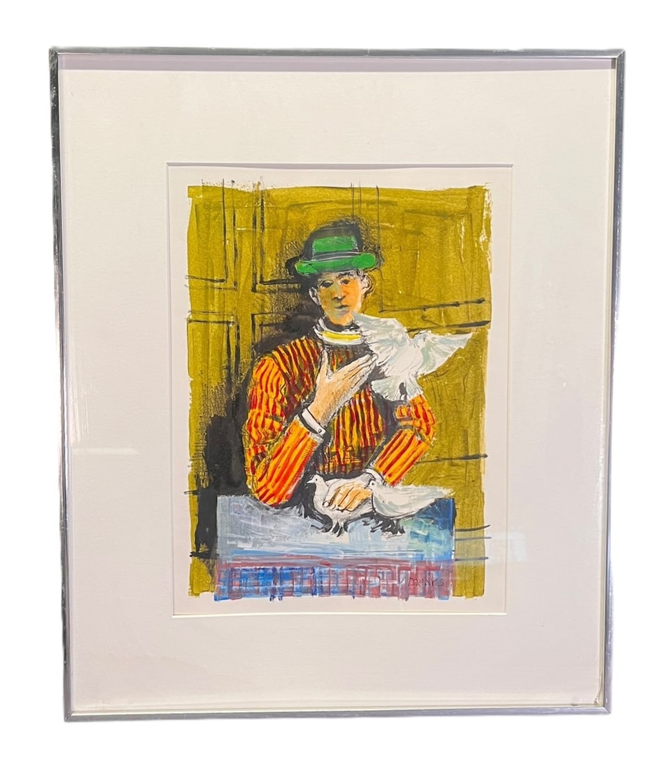 "MAN W/ BIRDS" OIL ON PAPER PAINTING BY HERB MEARS: HERB MEARS "MAN WITH BIRDS" OIL ON PAPER PAINTING. Height: 24 & 16 in. by Width: 19.75 & 12 in. by Depth: 7/8 in.