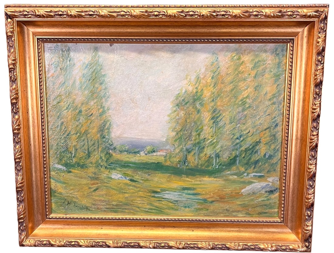 JOHN TWACHTMAN CONNECTICUT LANDSCAPE OIL ON CANVAS: JOHN TWACHTMAN CONNECTICUT LANDSCAPE OIL ON CANVAS PAINTING IN GILDED FRAME. Height: 25 in. by Width: 25 in. by Depth: 2.5 in.