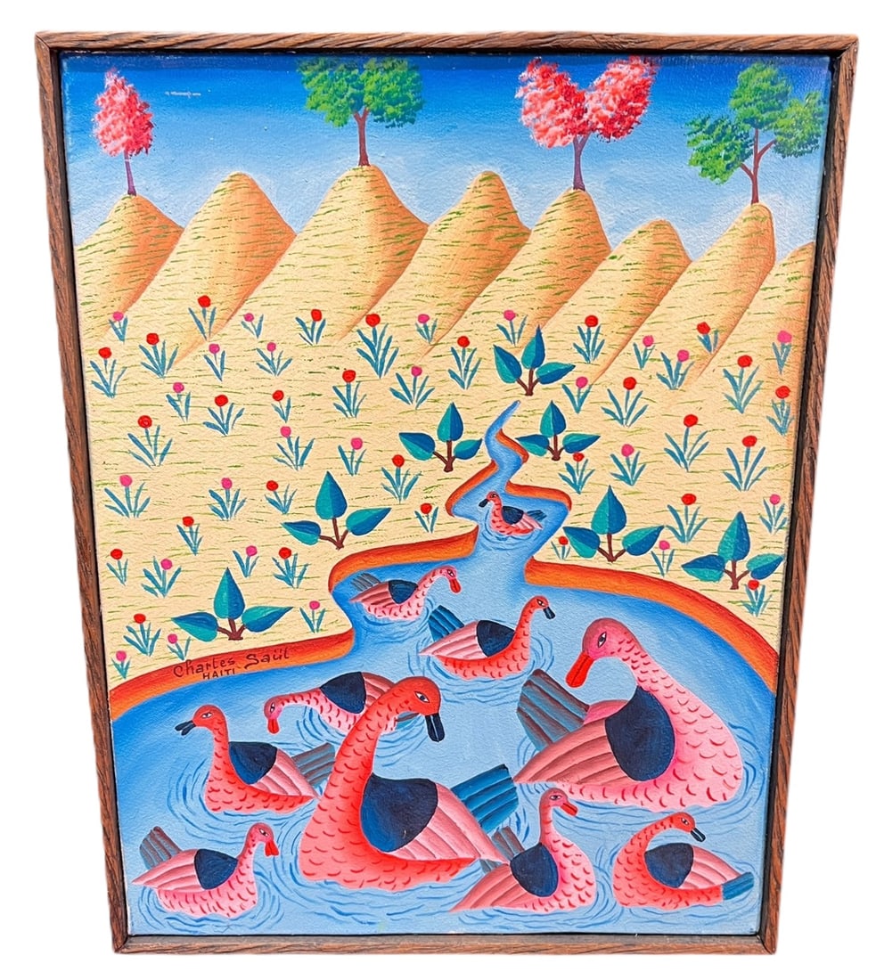 BIRDS HAITIAN PAINTING SIGNED BY CHARLES SAUL: BIRDS HAITIAN PAINTING SIGNED BY CHARLES SAUL Height: 17 in. by Width: 12.6 in. by Depth: 1 IN.