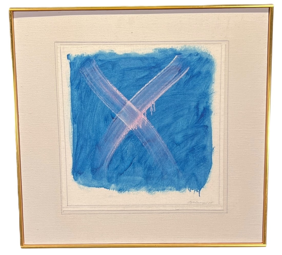 IDA KOHLMEYER "PINK X ON BLUE" ACRYLIC, 1974: IDA KOHLMEYER "PINK X ON BLUE" ACRYLIC ON CANVAS, 1974. Height: 22.5 & 15.5 in. by Width: 23.5 & 15.5 in. by Depth: 1.5 in.