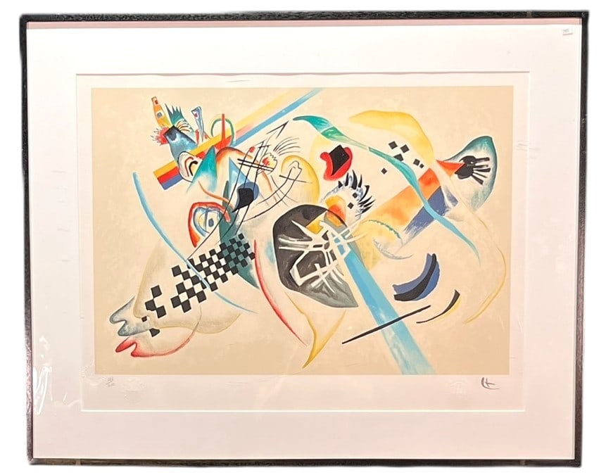 "ON WHITE I" BY KANDISNKY WASSILY 1920: "ON WHITE I" BY KANDISNKY WASSILY LITHOGRAPH 286/300 EMBOSSED BY KANDISNKY SOCIETY Height: 29 in. by Width: 36 in. by Depth: 1 IN.